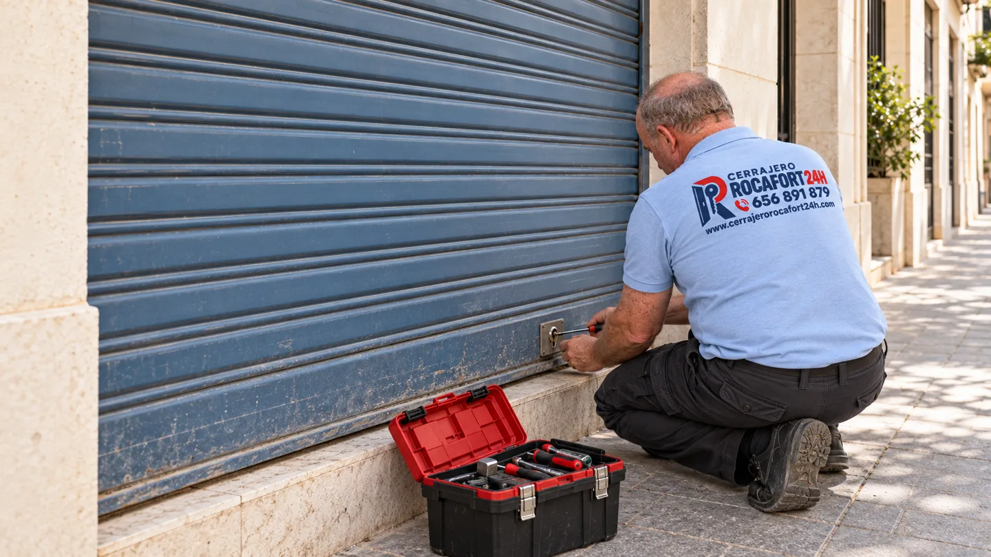Técnico de Cerrajero Rocafort 24H revisando una persiana metálica
